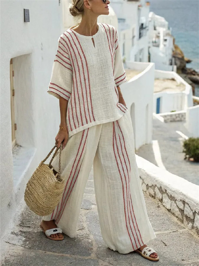 Breathable Casual Set Striped  - Summer Short Set 评论和价格